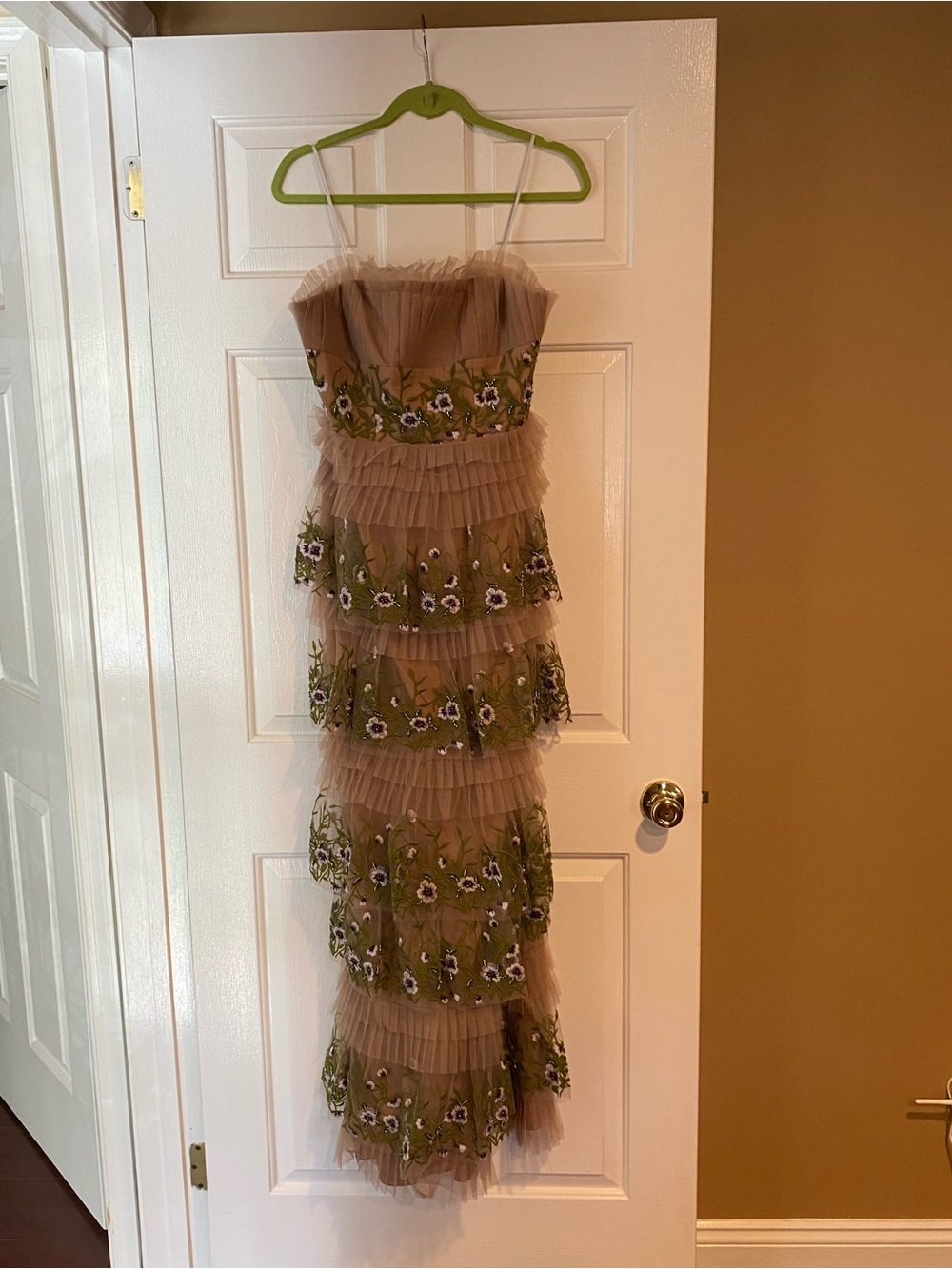 Tiered Nude Tulle Gown with Floral Embroidery - Picture 4 of 8